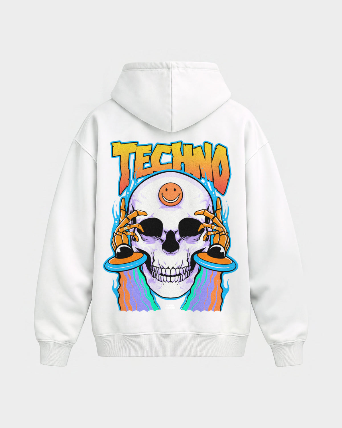 Trippy Techno Skull – Oversized Hoodie in Weiß, Rückenprint – Hard Nights