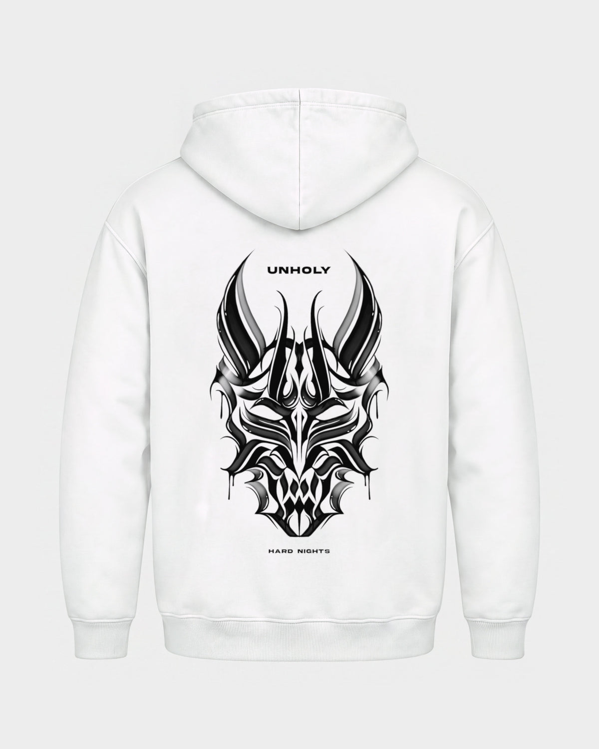 Unholy – Basic Hoodie in Weiß, Rückenprint – Hard Nights