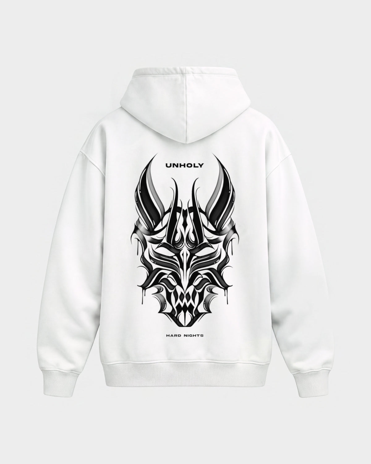 Unholy – Oversized Hoodie in Weiß, Rückenprint – Hard Nights