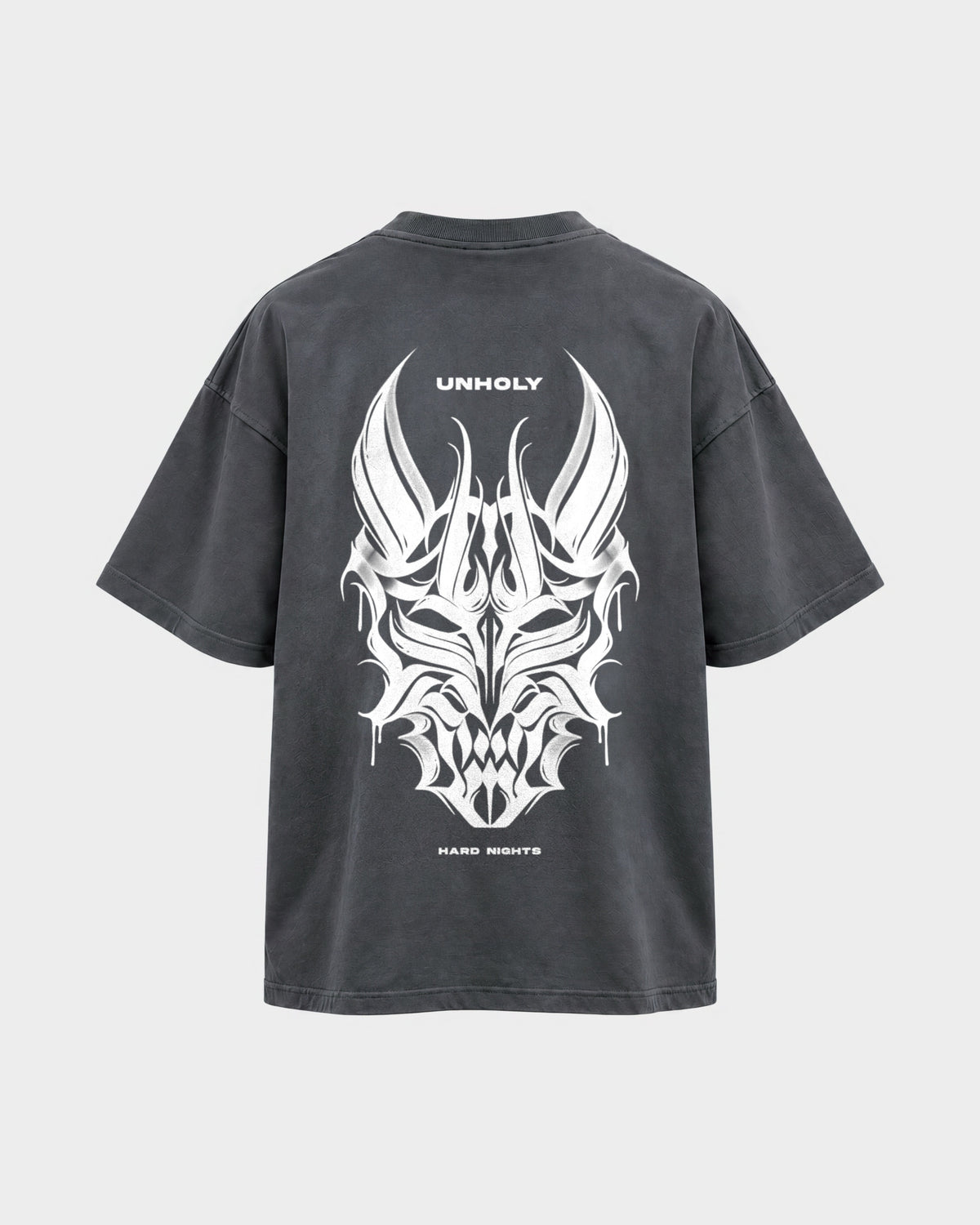 Unholy – Oversized Shirt in Anthrazit, Rückenprint – Hard Nights