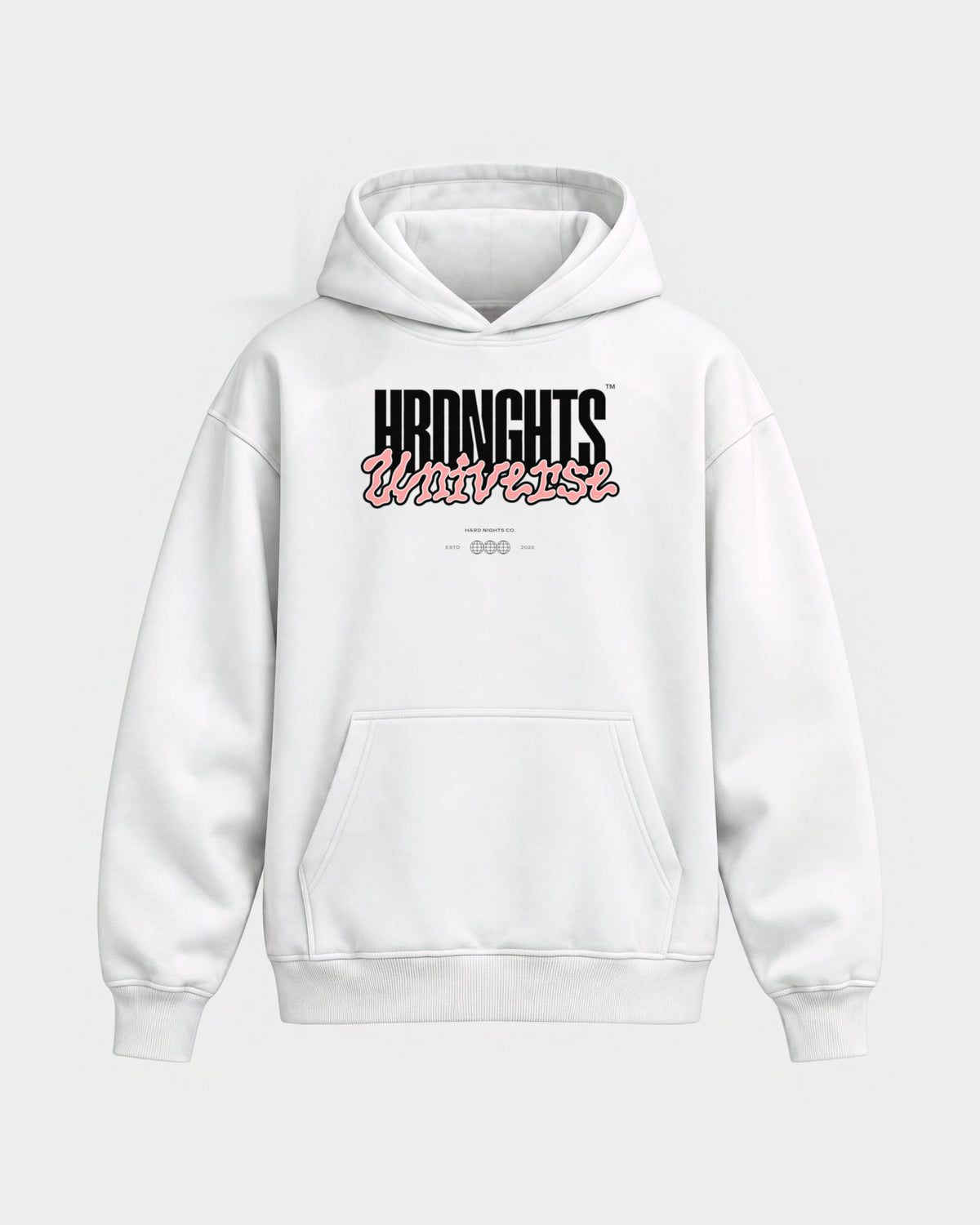 Universe – Oversized Hoodie in Weiß, Frontprint – Hard Nights