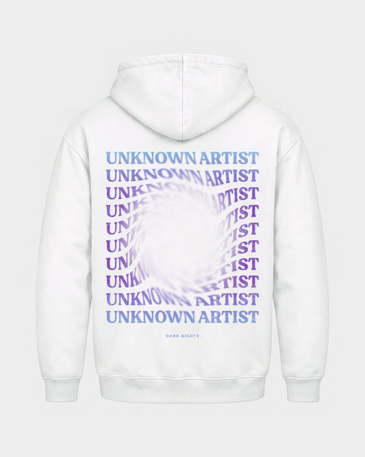 Unknown Artist Hole – Basic Hoodie in Weiß, Rückenprint – Hard Nights