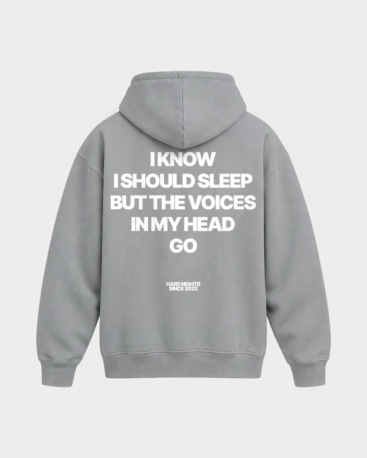 Voices in my head – Oversized Hoodie in Hellgrau, Rückenprint – Hard Nights