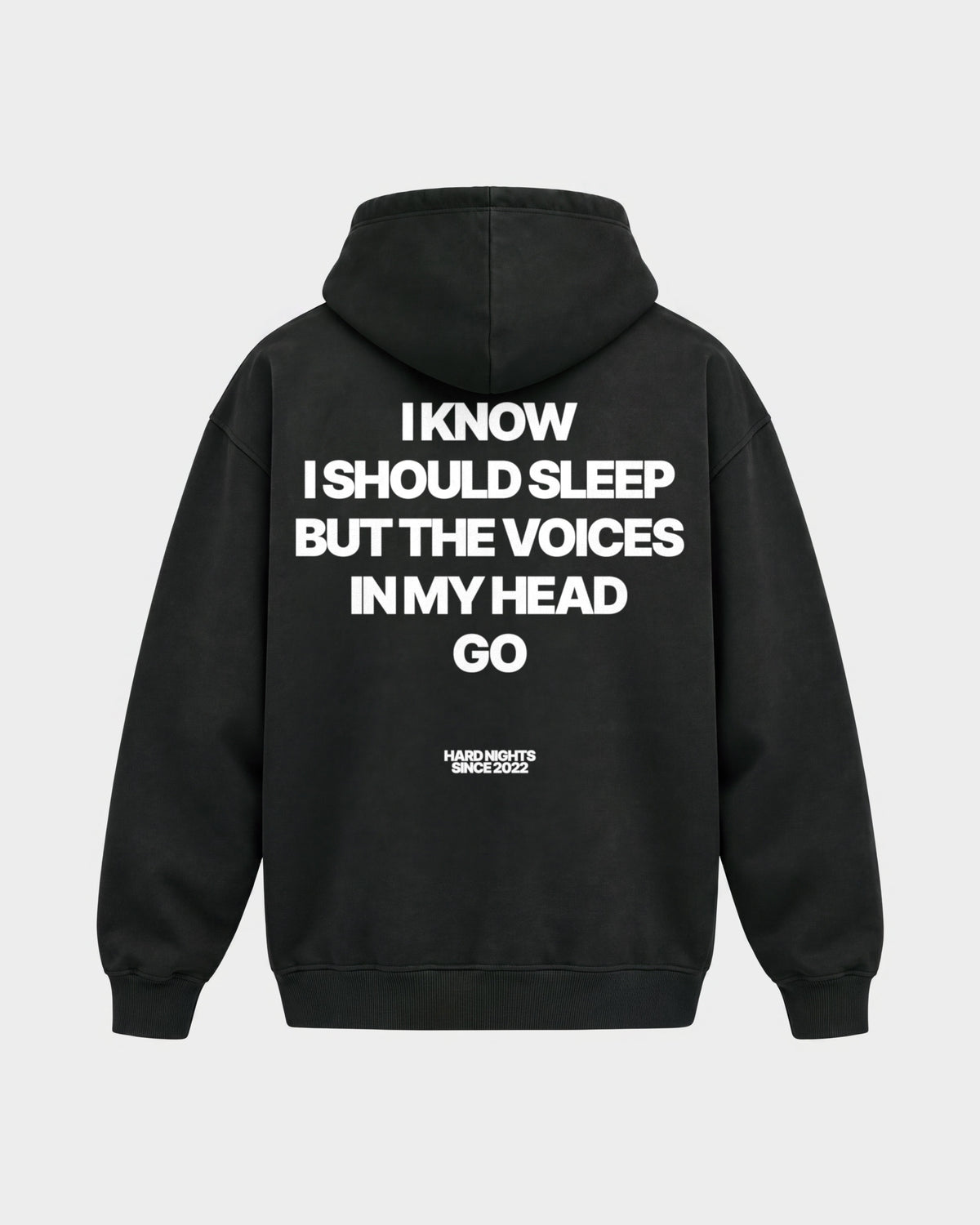 Voices in my head – Oversized Hoodie in Schwarz, Rückenprint – Hard Nights