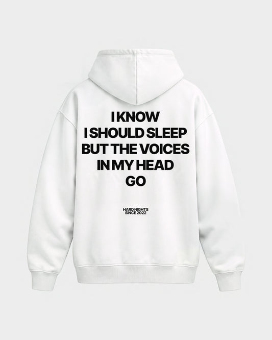 Voices in my head – Oversized Hoodie in Weiß, Rückenprint – Hard Nights