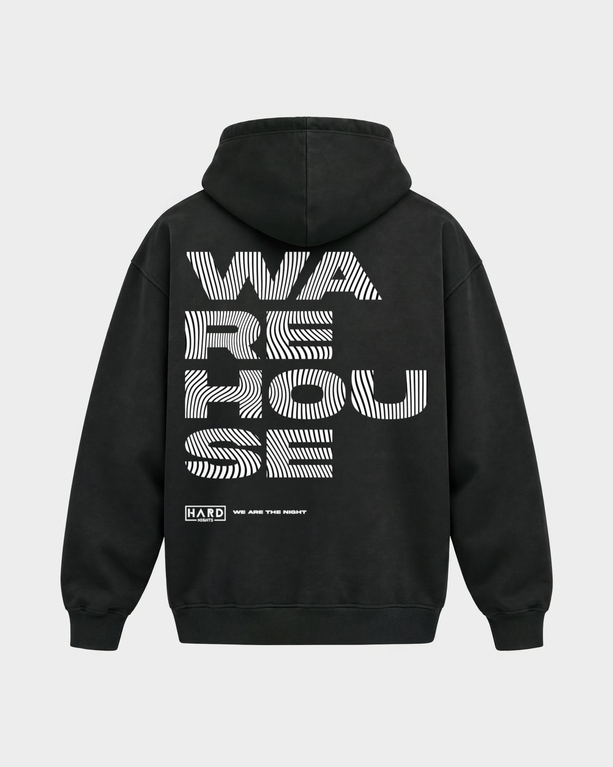 Warehouse – Oversized Hoodie in Schwarz, Rückenprint – Hard Nights