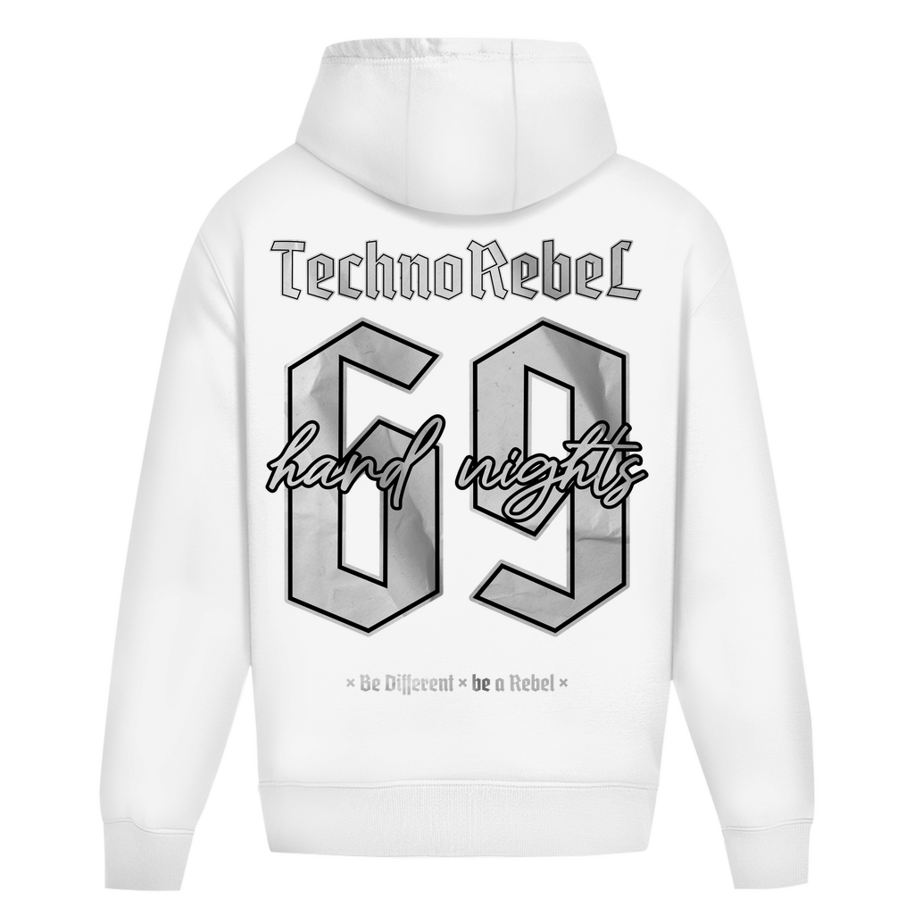 Techno Rebel 69 Oversized Hoodie aus 100% Baumwolle | Arctic White