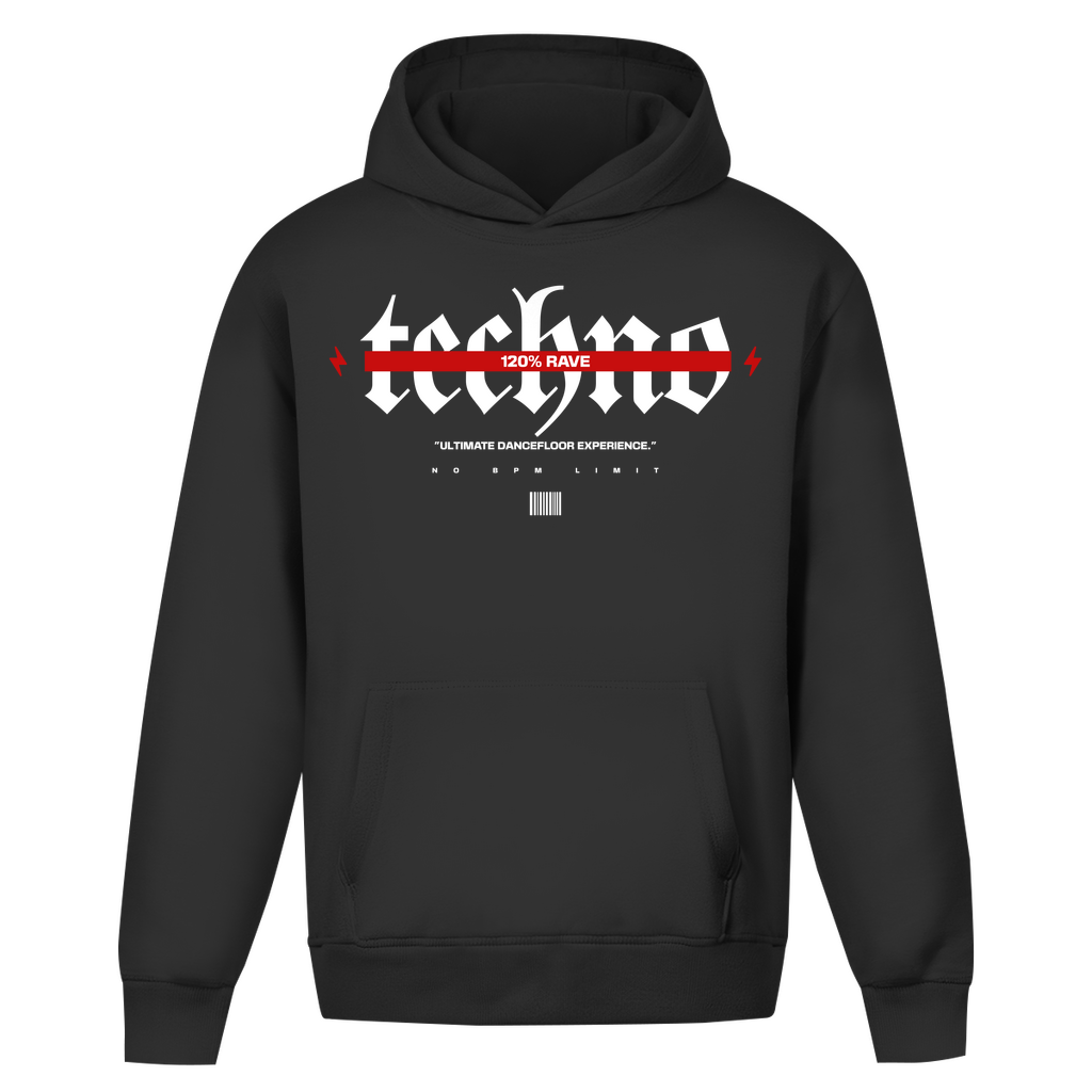 120% Rave Oversized Hoodie Techno Rave Unisex Baumwoll Hoodie | Deep Black
