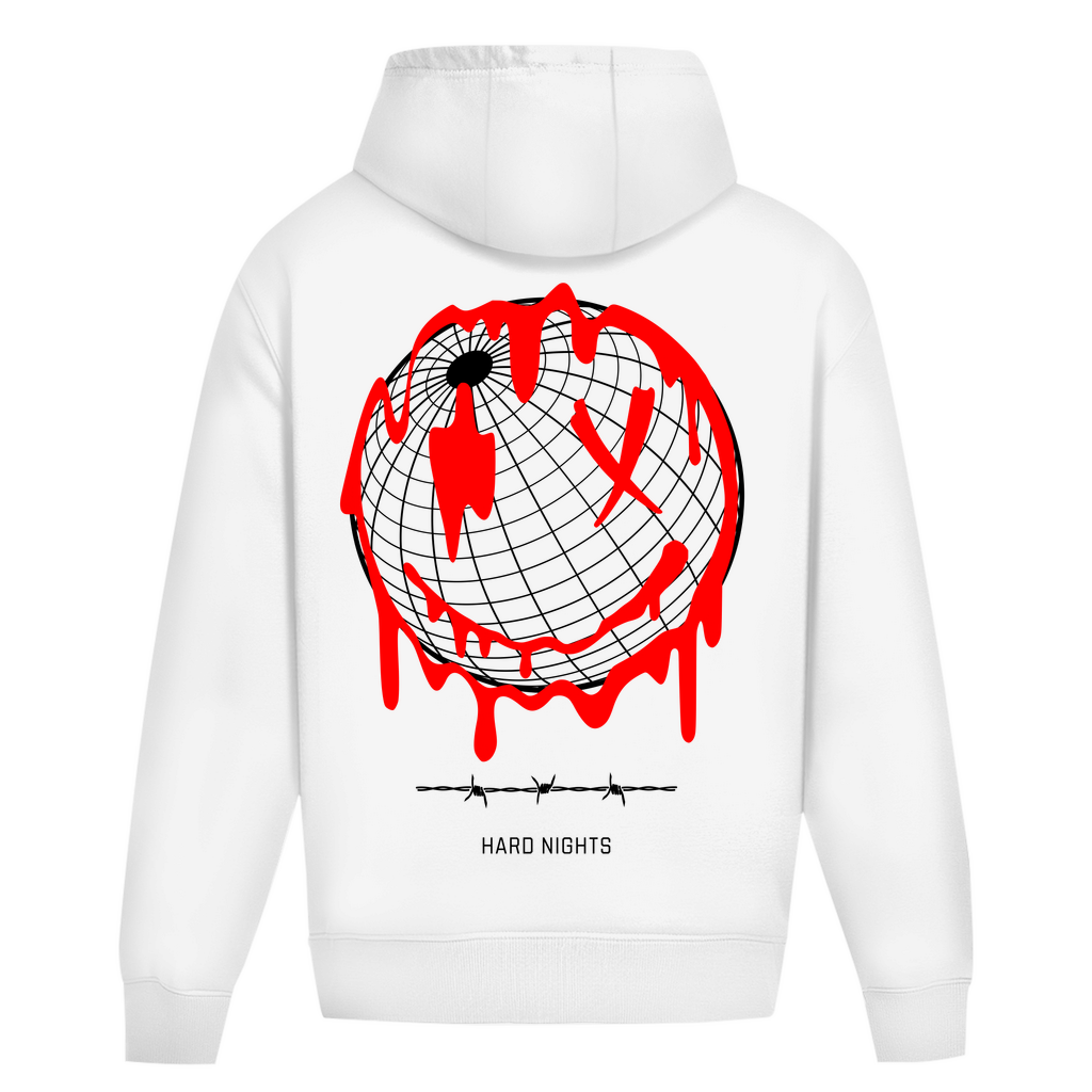 Smiley World Oversized Hoodie für Techno und Rave | Arctic White