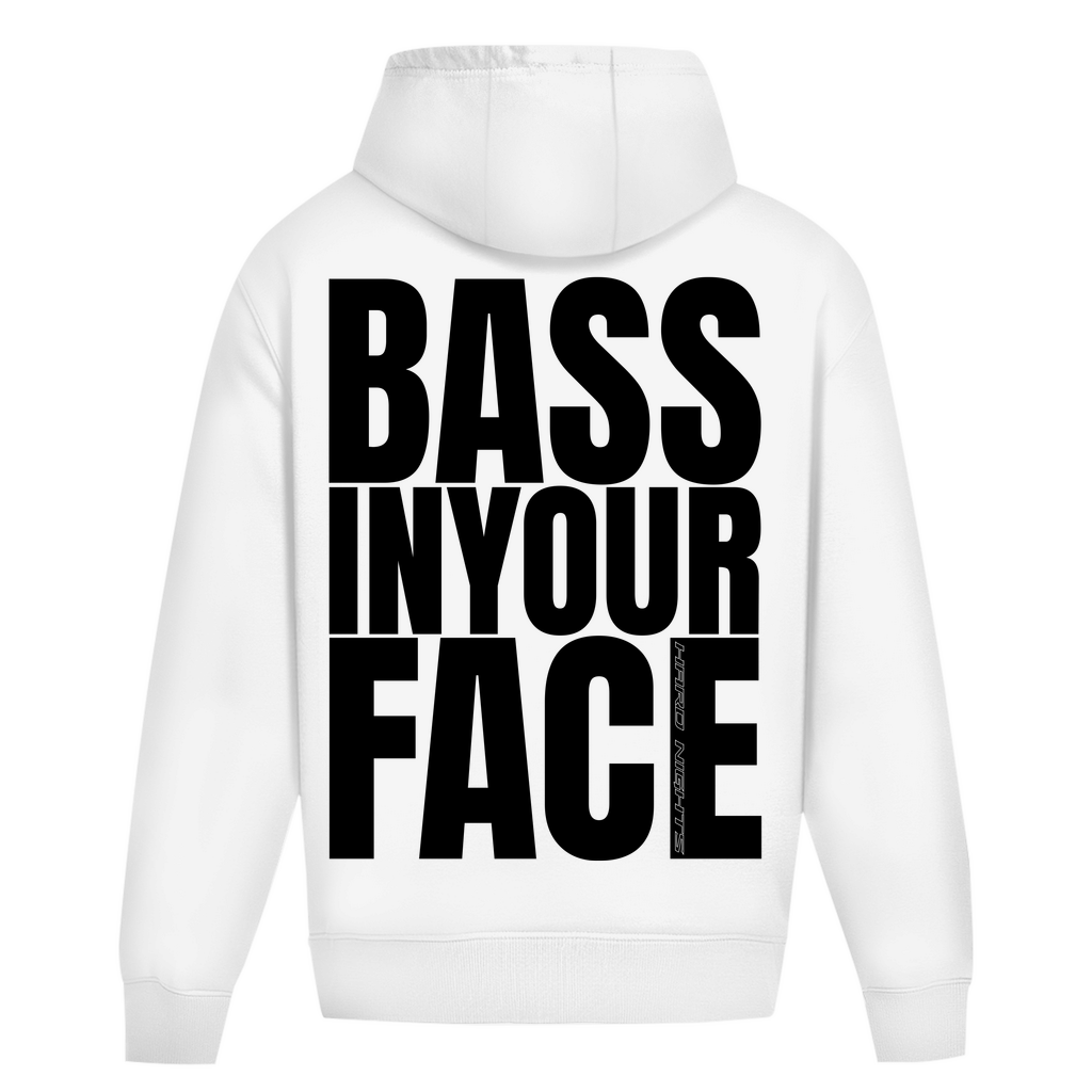  Bass in your Face Oversized Hoodie, Unisex Techno Hoodie : Arctic White
