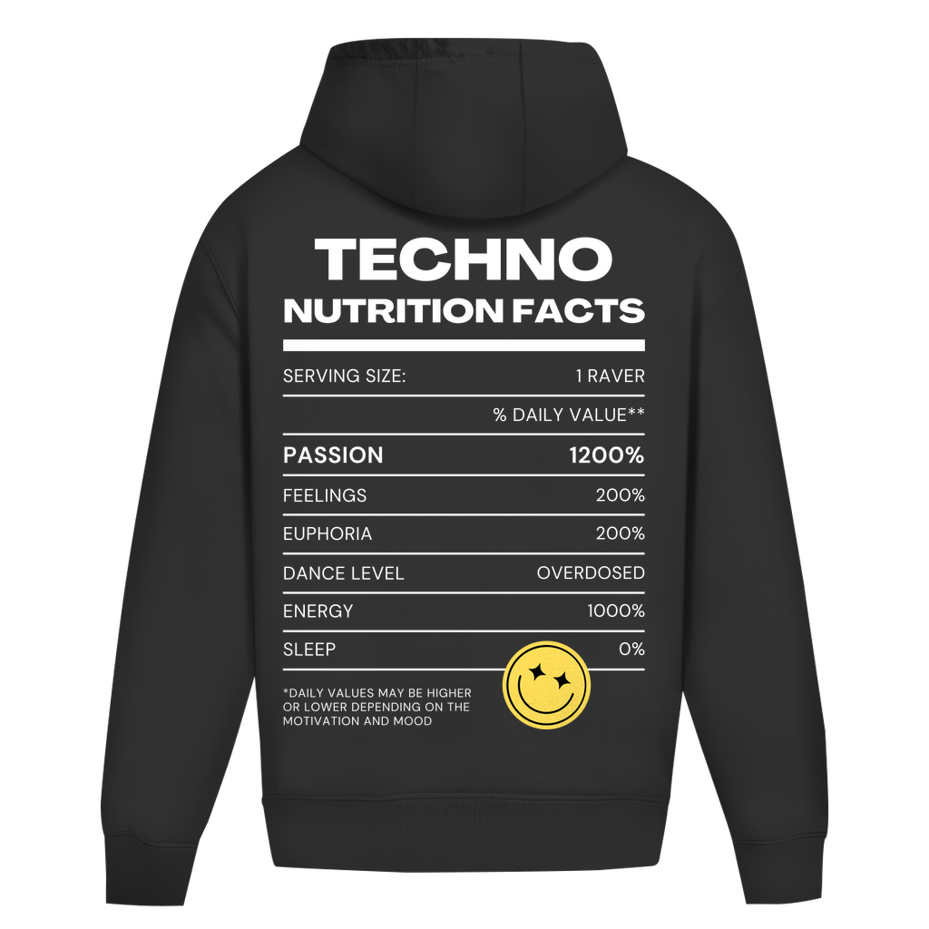 Techno Nutrition Facts Oversized Hoodie aus 100% Baumwolle | Deep Black
