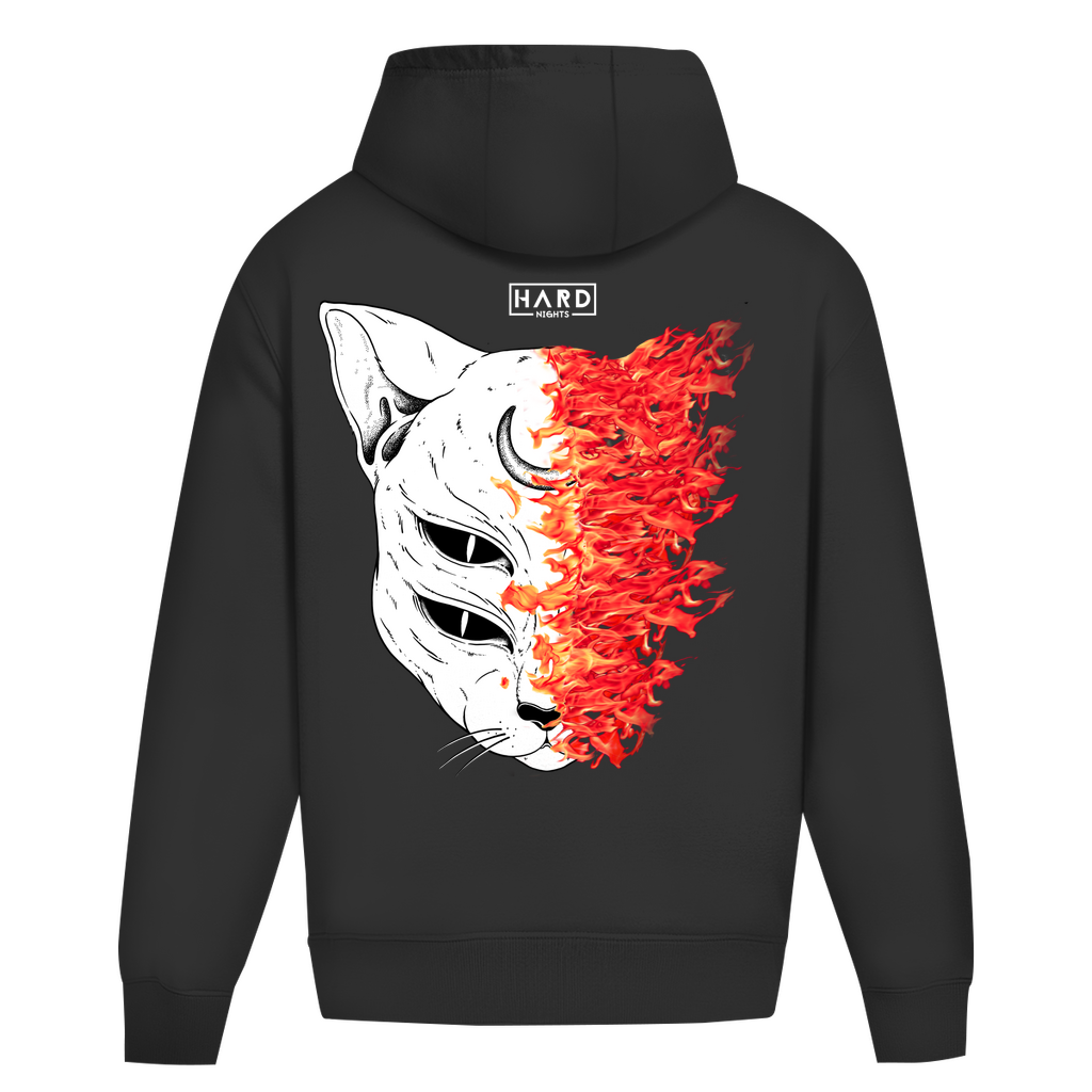 Burning Cat Oversized Hoodie, Unisex, Baumwoll Techno Hoodie | Deep Black