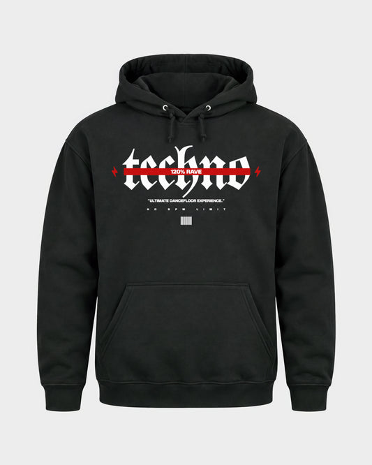 120% Rave – Basic Hoodie in Schwarz, Frontprint – Hard Nights