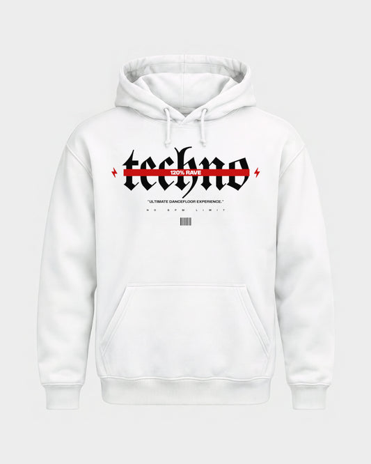 120% Rave – Basic Hoodie in Weiß, Frontprint – Hard Nights