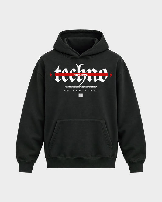 120% Rave – Oversized Hoodie in Schwarz, Frontprint – Hard Nights