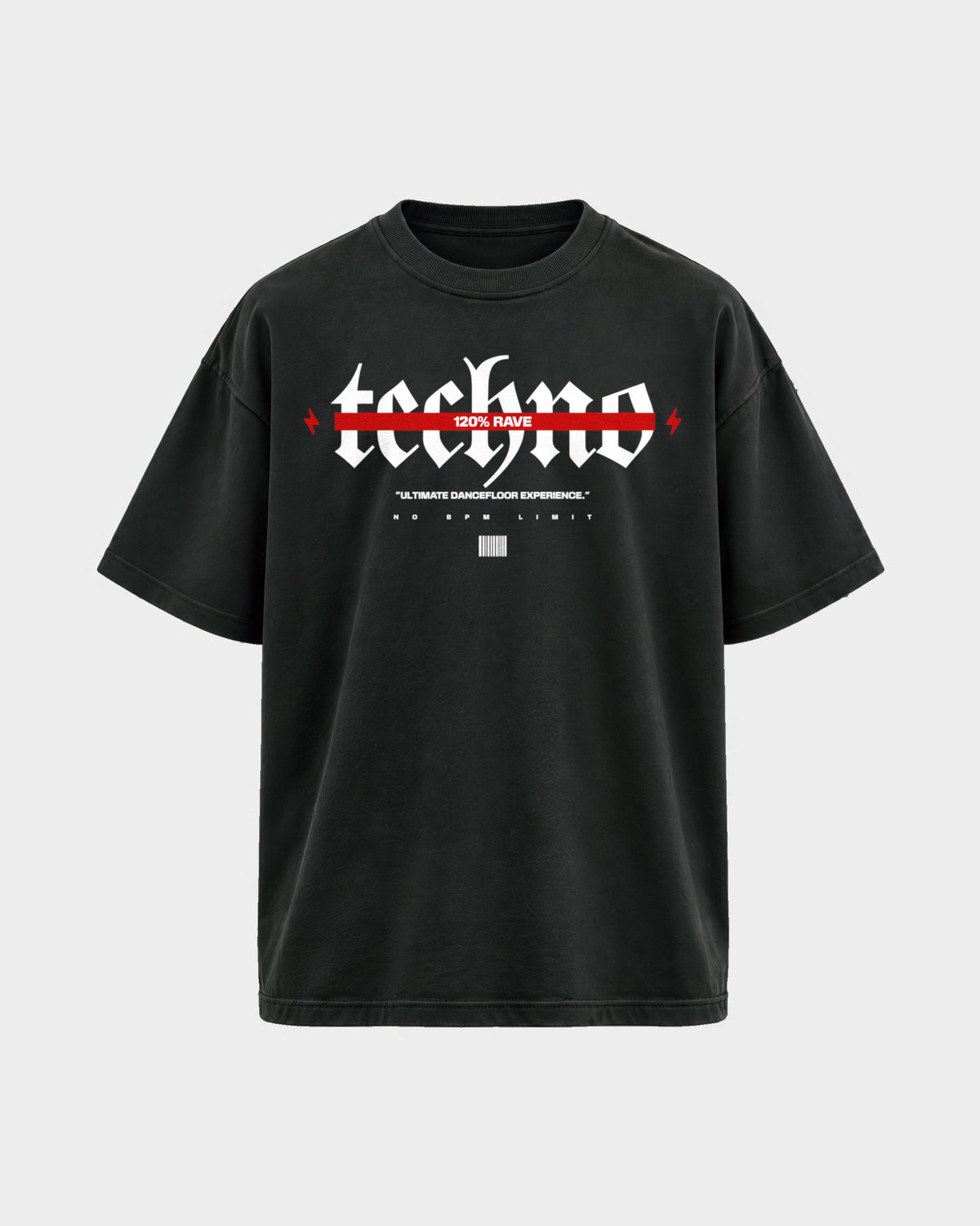 120% Rave – Oversized Shirt in Schwarz, Frontprint – Hard Nights