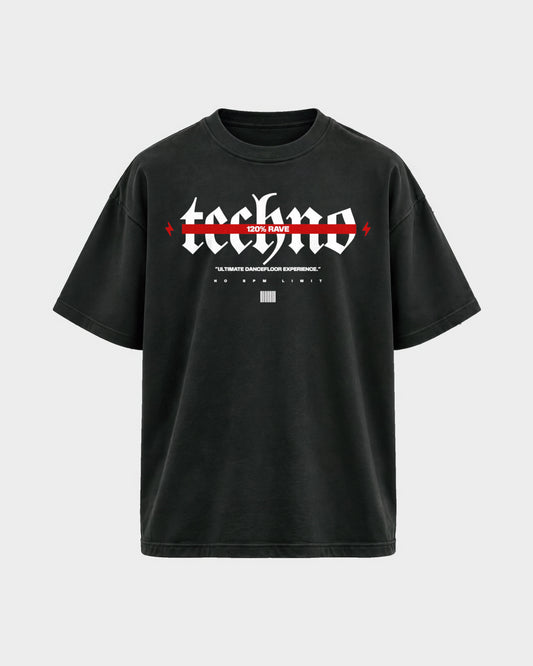 120% Rave – Oversized Shirt in Schwarz, Frontprint – Hard Nights