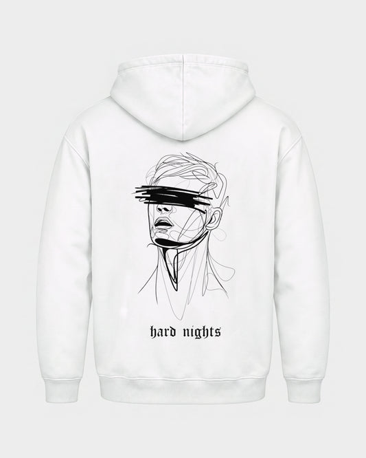 8AM – Basic Hoodie in Weiß, Rückenprint – Hard Nights