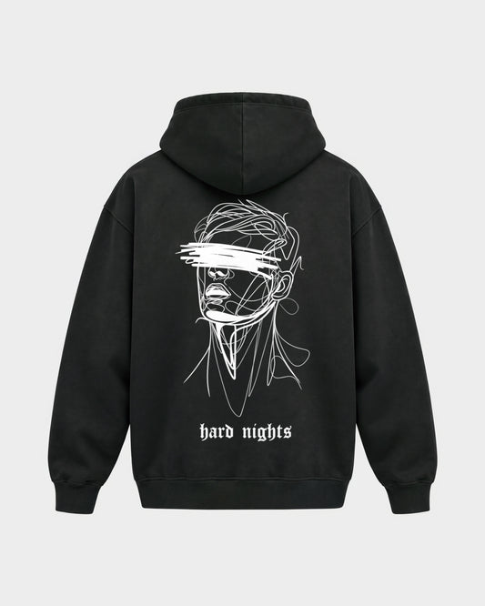 8AM – Oversized Hoodie in Schwarz, Rückenprint – Hard Nights