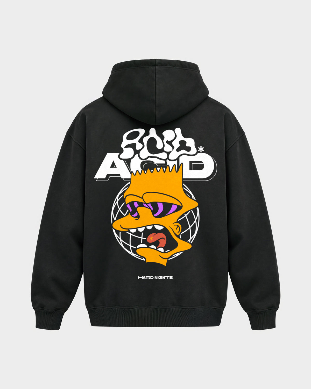 Acid Bart – Oversized Hoodie in Schwarz, Rückenprint – Hard Nights