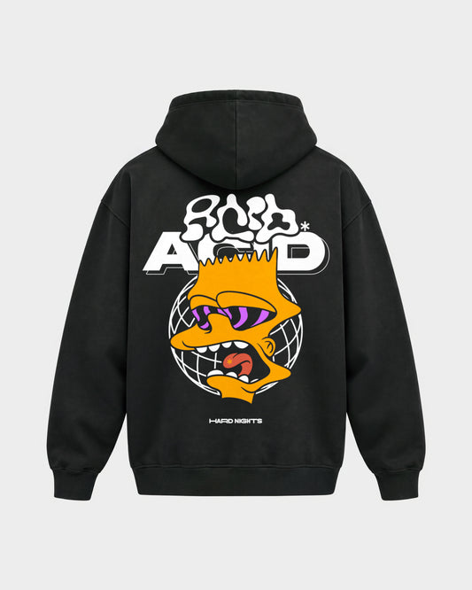 Acid Bart – Oversized Hoodie in Schwarz, Rückenprint – Hard Nights