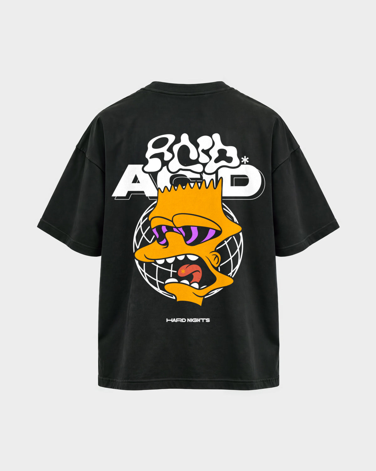 Acid Bart – Oversized Shirt in Schwarz, Rückenprint – Hard Nights