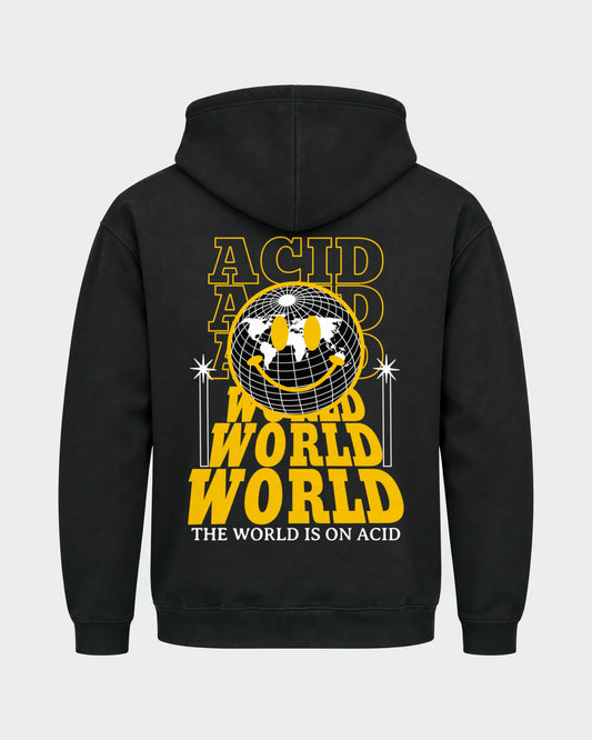 Acid world – Basic Hoodie in Schwarz, Rückenprint – Hard Nights