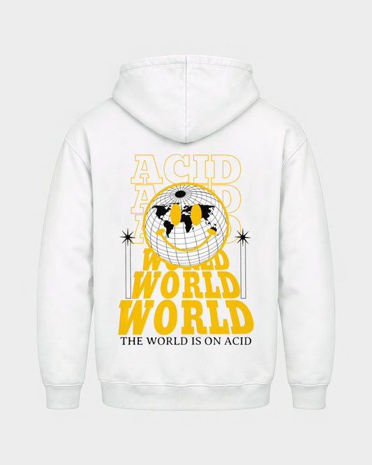 Acid world – Basic Hoodie in Weiß, Rückenprint – Hard Nights