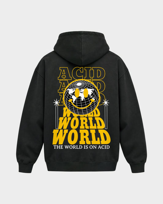 Acid world – Oversized Hoodie in Schwarz, Rückenprint – Hard Nights