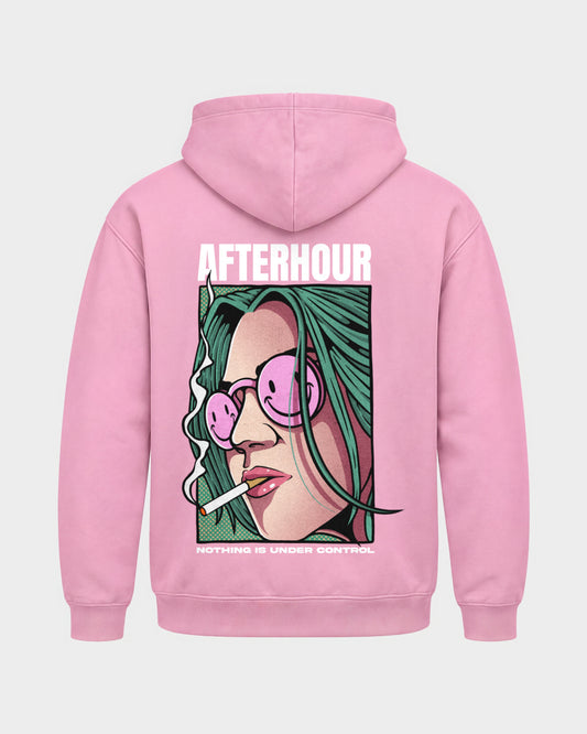 Afterhour – Basic Hoodie in Babyrosa, Rückenprint – Hard Nights