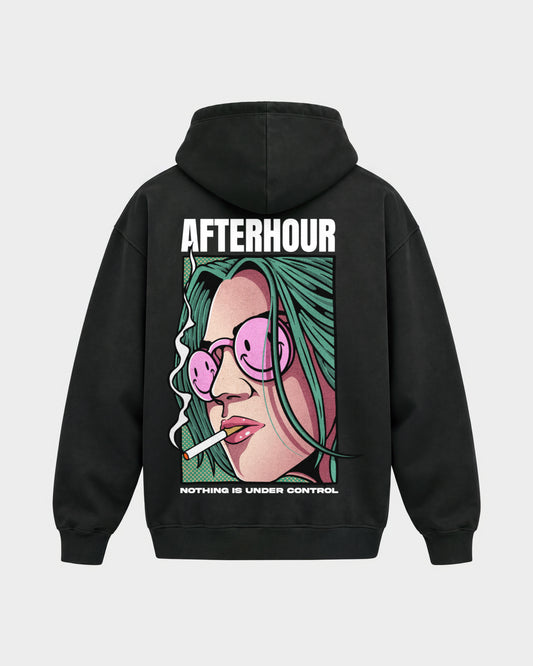 Afterhour – Oversized Hoodie in Schwarz, Rückenprint – Hard Nights