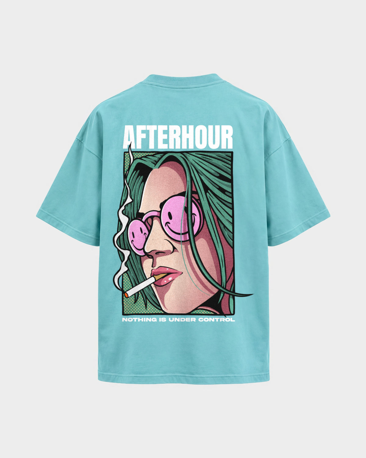 Afterhour – Oversized Shirt in Berylblau, Rückenprint – Hard Nights