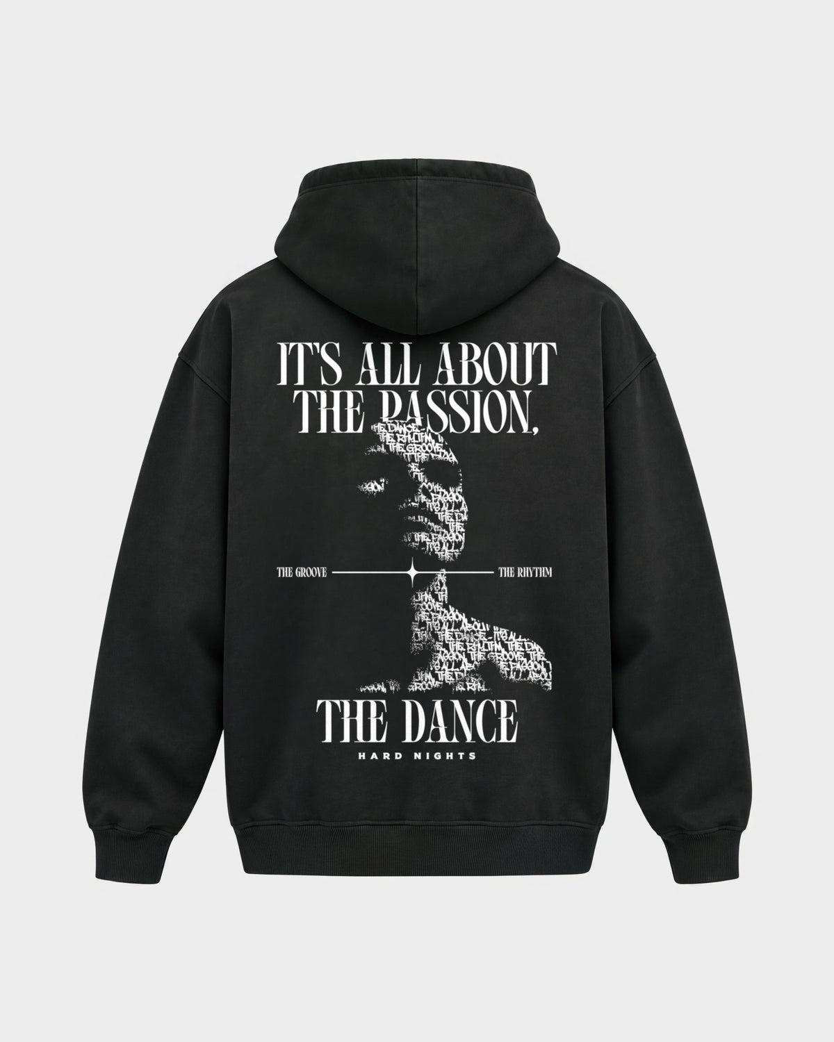 All about the Passion – Oversized Hoodie in Schwarz, Rückenprint – Hard Nights