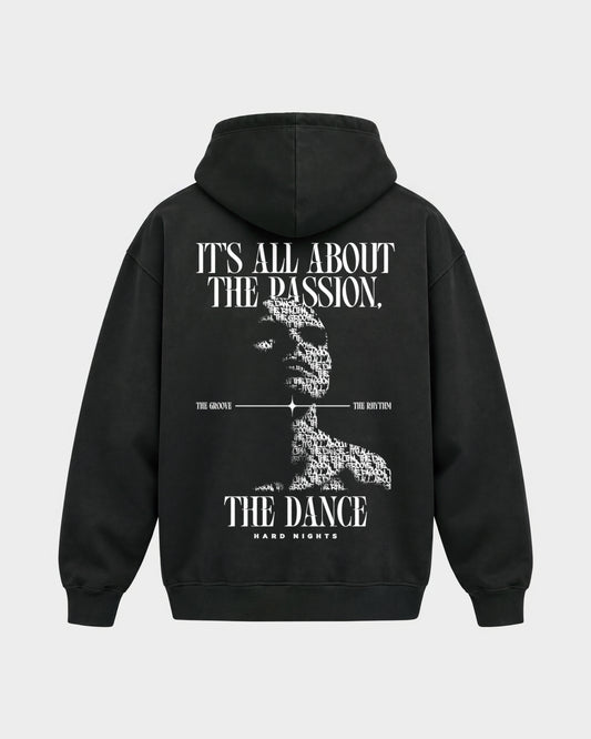 All about the Passion – Oversized Hoodie in Schwarz, Rückenprint – Hard Nights
