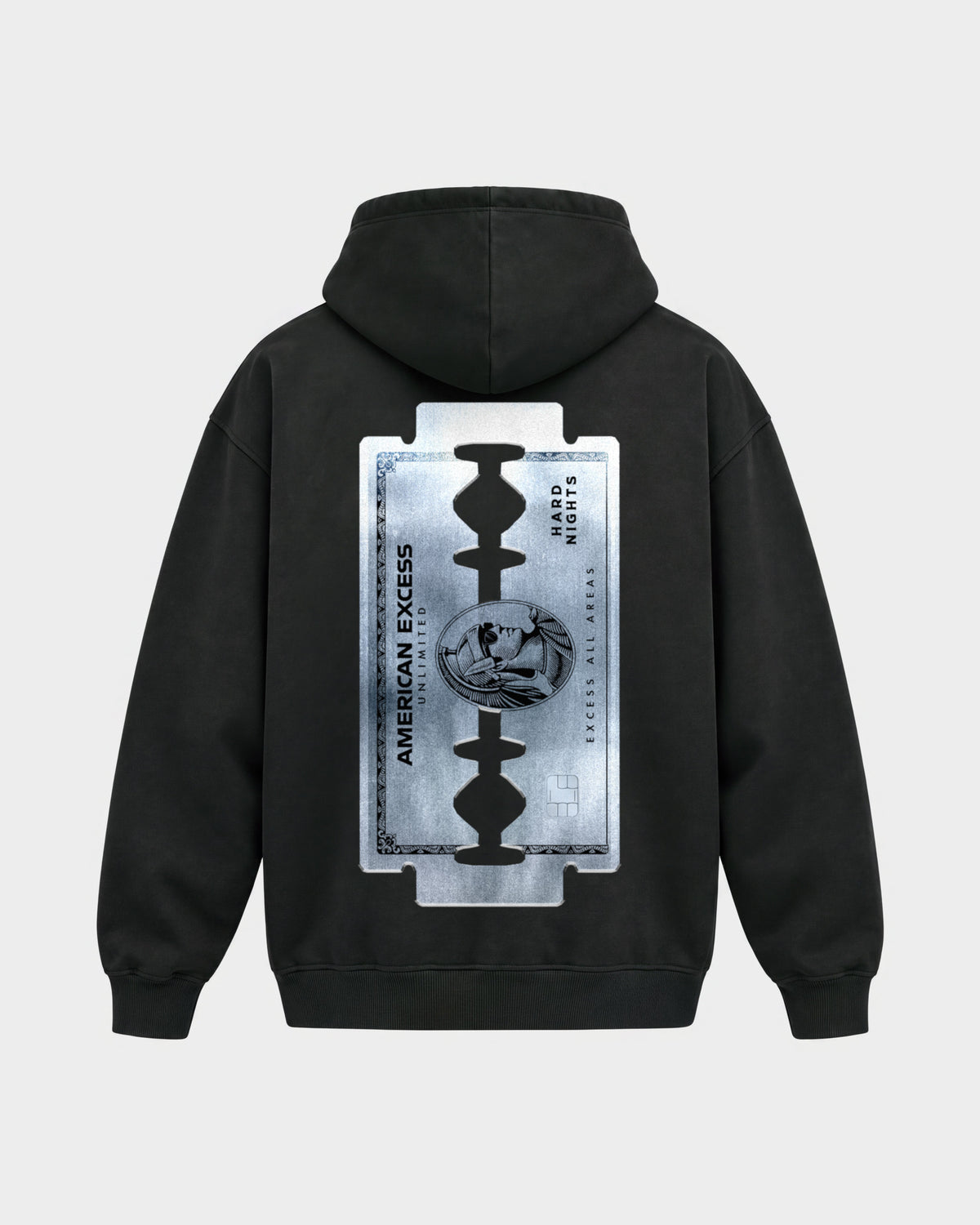 American Excess – Oversized Hoodie in Schwarz, Rückenprint – Hard Nights