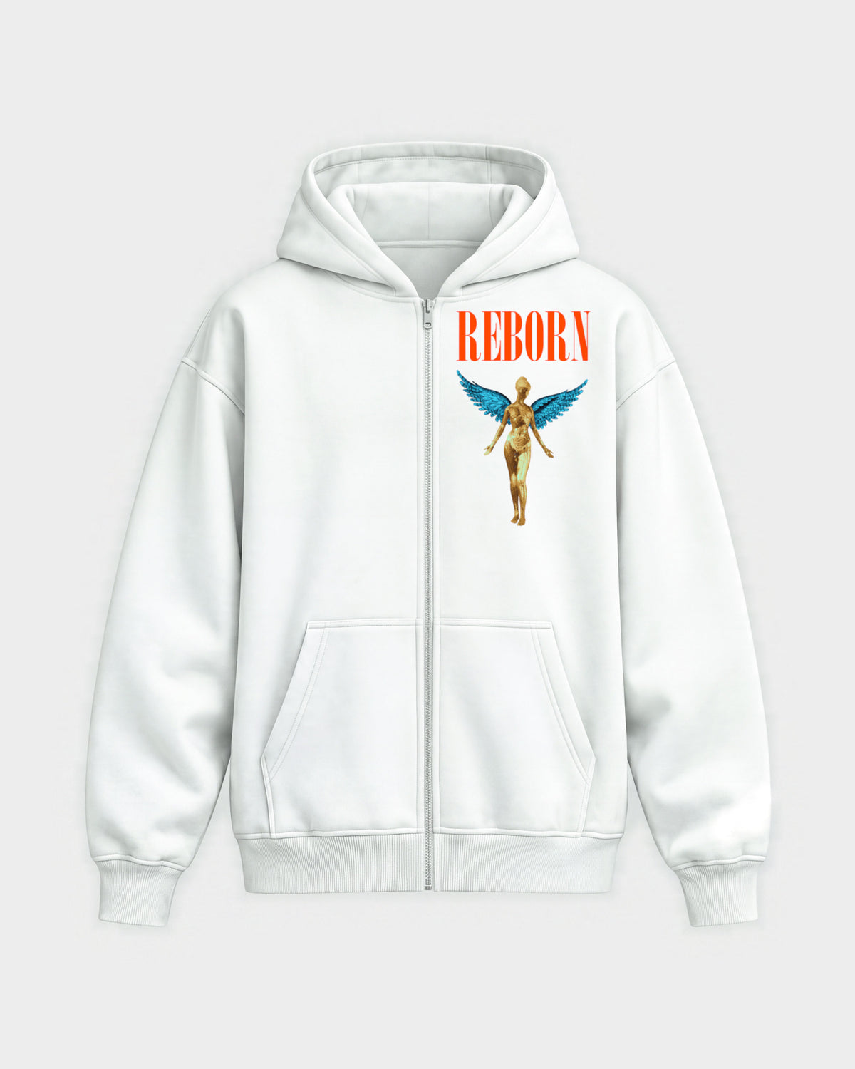 Angel – Oversized Zipper Hoodie in Weiß, Frontprint – Hard Nights