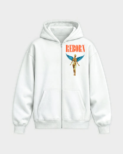 Angel – Oversized Zipper Hoodie in Weiß, Frontprint – Hard Nights