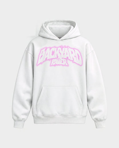 Backyard raver – Oversized Hoodie in Weiß, Frontprint – Hard Nights