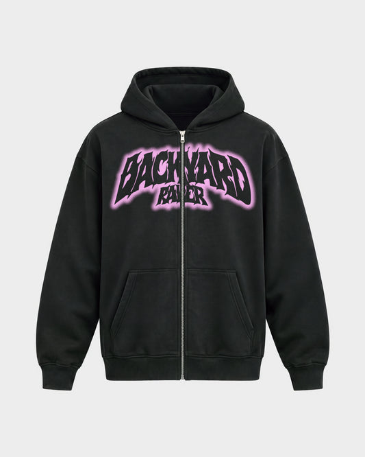 Backyard raver – Oversized Zipper Hoodie in Schwarz, Frontprint – Hard Nights