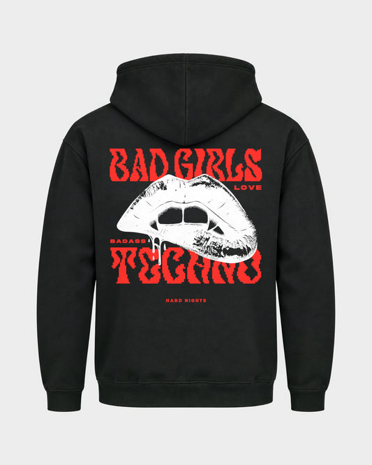 Bad Girls Badass Techno – Basic Hoodie in Schwarz, Rückenprint – Hard Nights