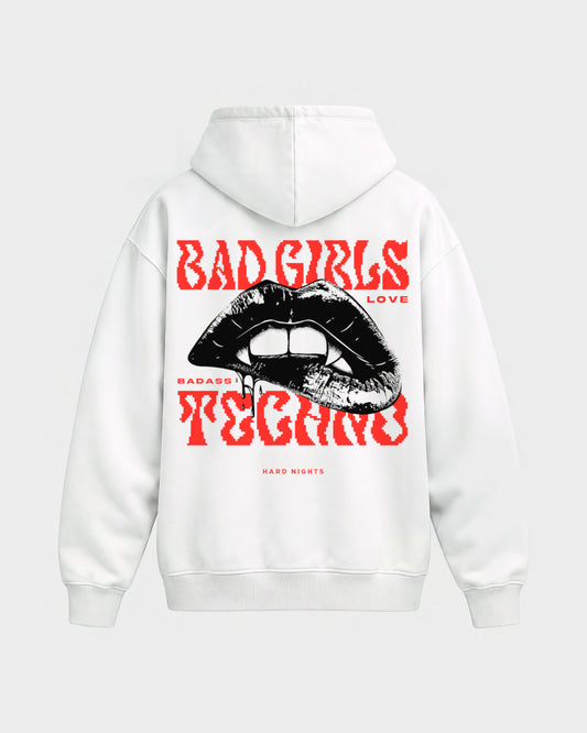 Bad Girls Badass Techno – Oversized Hoodie in Weiß, Rückenprint – Hard Nights