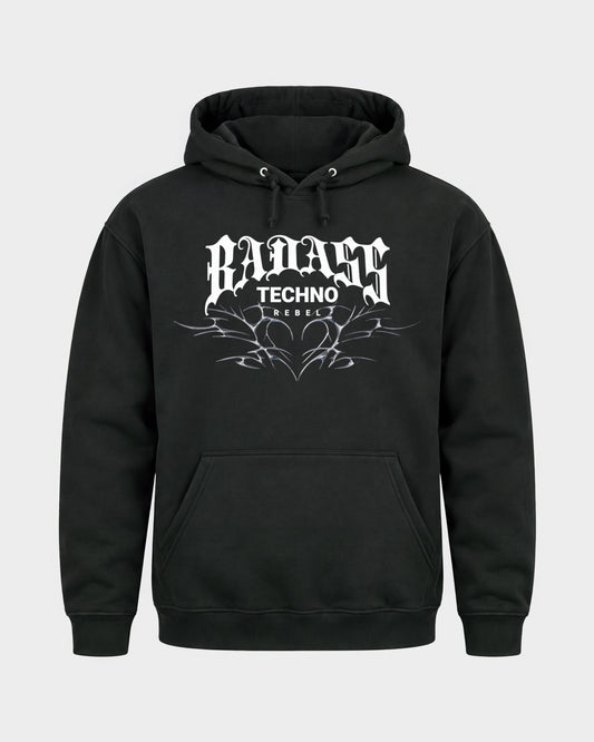 Badass techno rebel – Basic Hoodie in Schwarz, Frontprint – Hard Nights
