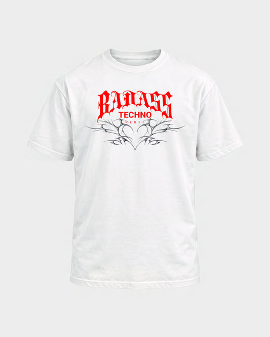 Badass techno rebel – Basic Shirt in Weiß, Frontprint – Hard Nights