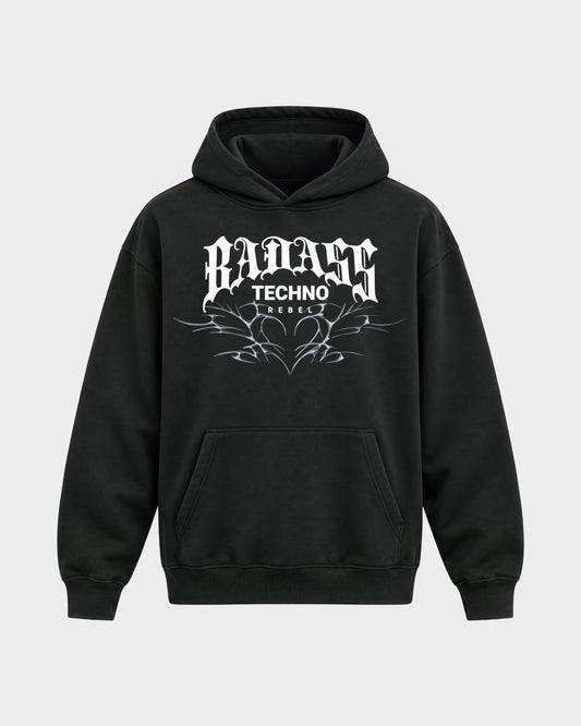 Badass techno rebel – Oversized Hoodie in Schwarz, Frontprint – Hard Nights