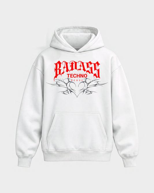 Badass techno rebel – Oversized Hoodie in Weiß, Frontprint – Hard Nights