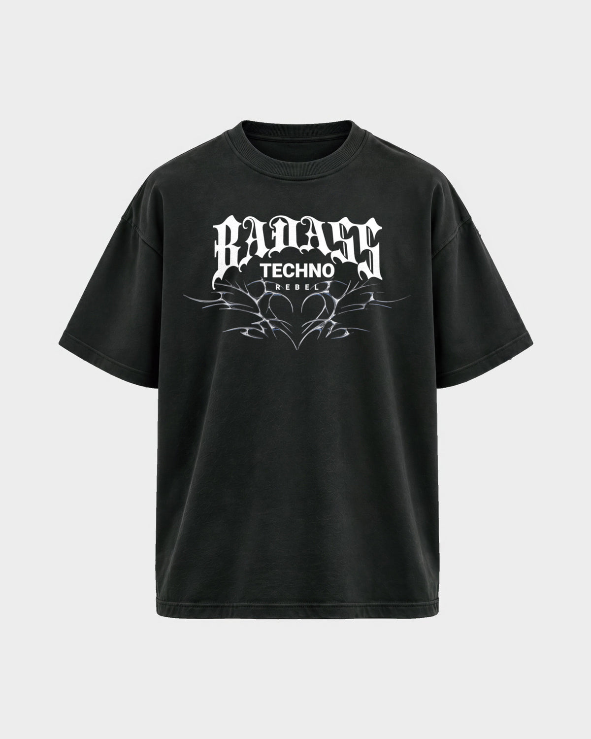 Badass techno rebel – Oversized Shirt in Schwarz, Frontprint – Hard Nights