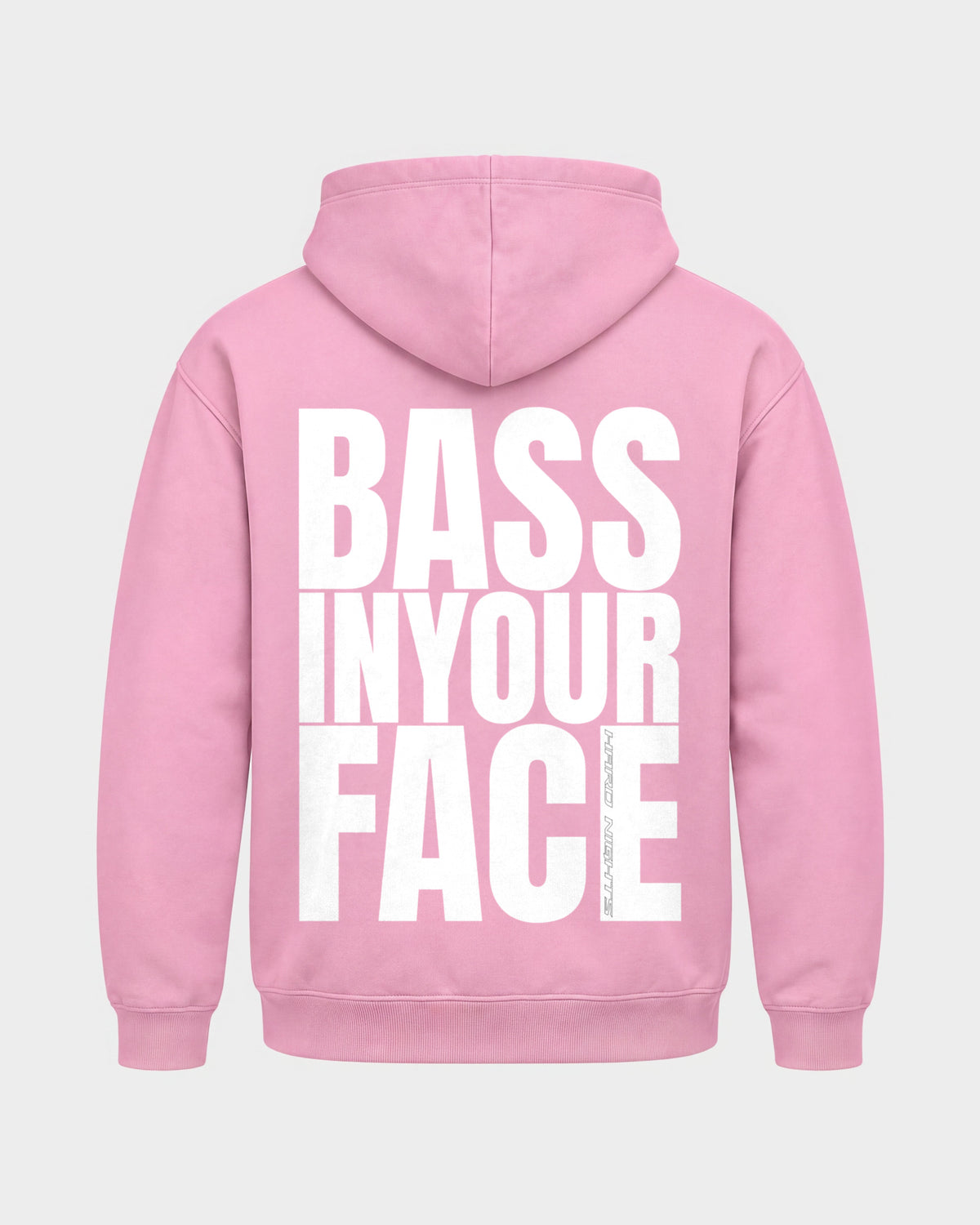 Bass in your face – Basic Hoodie in Babyrosa, Rückenprint – Hard Nights