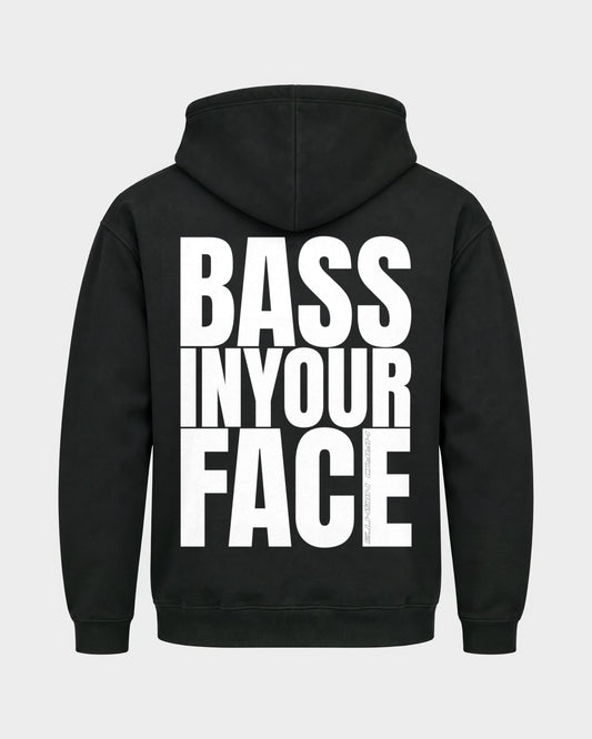 Bass in your face – Basic Hoodie in Schwarz, Rückenprint – Hard Nights