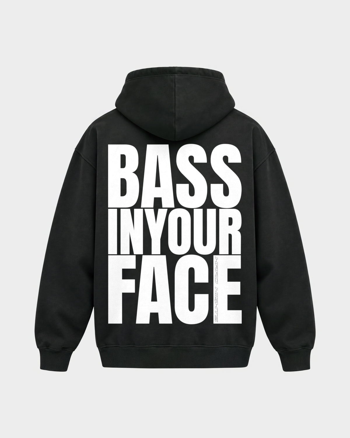 Bass in your face – Oversized Hoodie in Schwarz, Rückenprint – Hard Nights