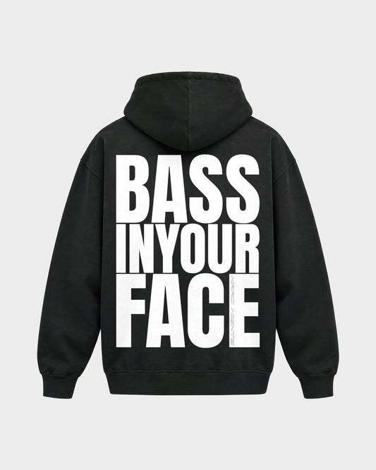 Bass in your face – Oversized Hoodie in Schwarz, Rückenprint – Hard Nights